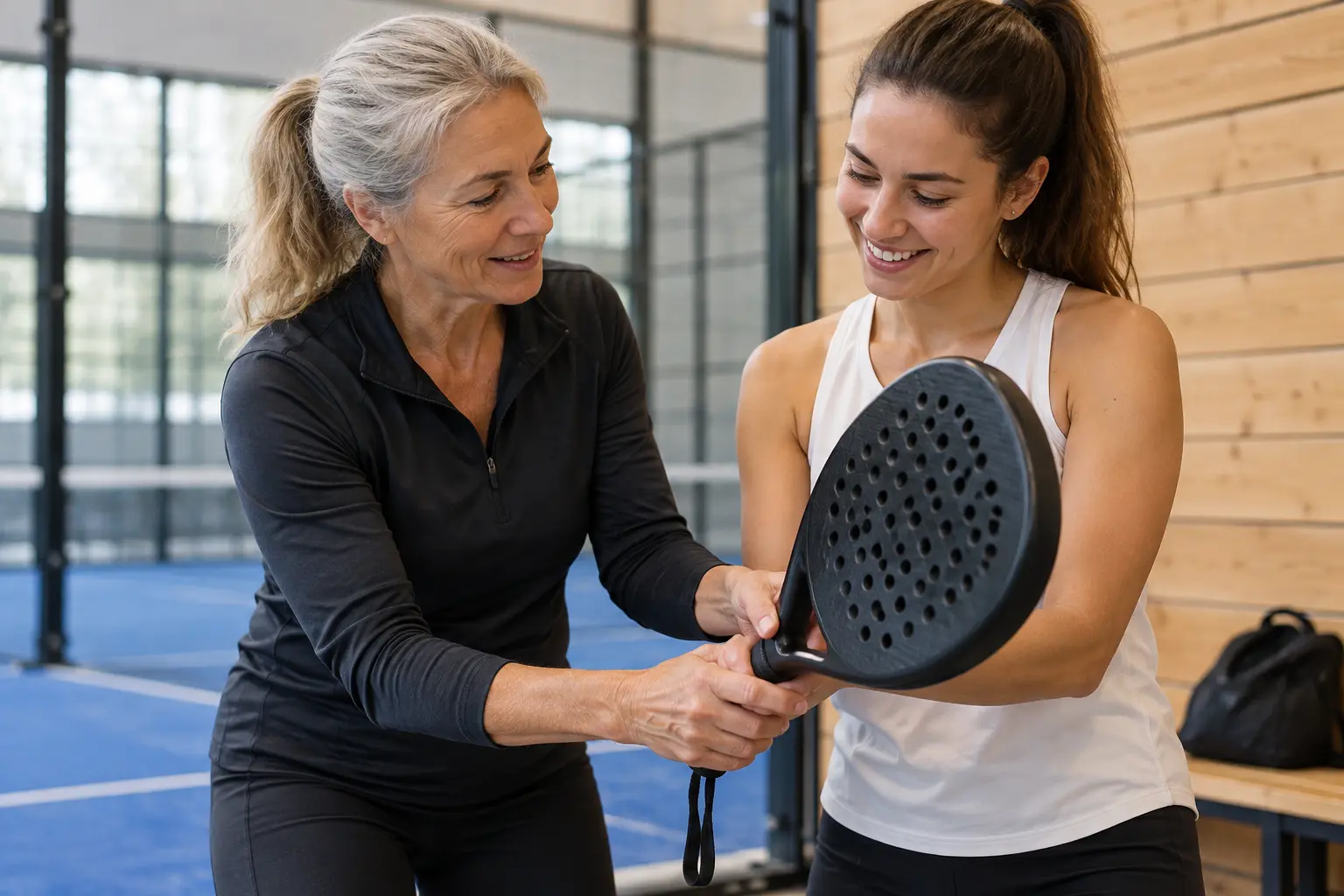 Illustrative scene of a coach introducing an adult beginner to padel